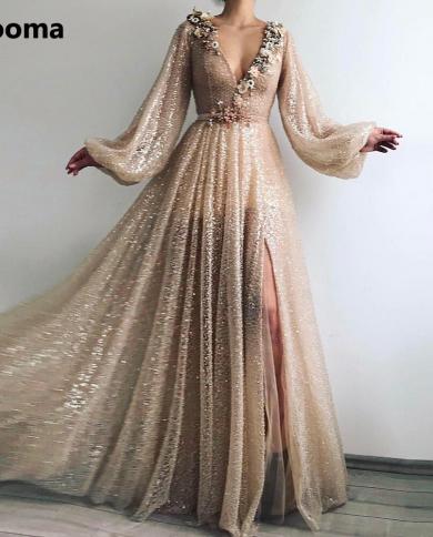 Booma Champagne Beads Sequin Tulle Maxi Prom Dresses V Neck Long Sleeves High Slit A Line Evening Gowns Formal Party Dre