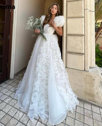 Booma White Ruffles Organza Long Prom Dresses Strapless Puff Sleeves A Line Prom Gowns Princess Formal Party Dresses Plu