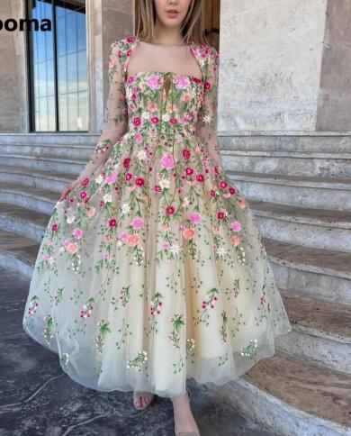 Booma Floral Embroidery Lace Midi Prom Dresses Queen Anne Long Sleeves Tealength Aline Wedding Party Dresses Open Back  