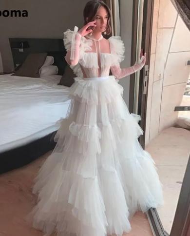 Booma Ivory Ruffles Aline Prom Dresses Long Sleeves Sheer Neckline Tiered Tulle Maxi Wedding Party Dresses Formal Evenin