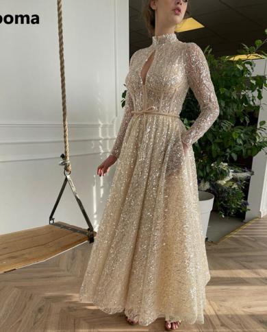 Booma Champagne Sequin Lace A Line Midi Prom Dresses High Neck Keyhole Long Sleeves Tea Length Formal Party Gowns With P