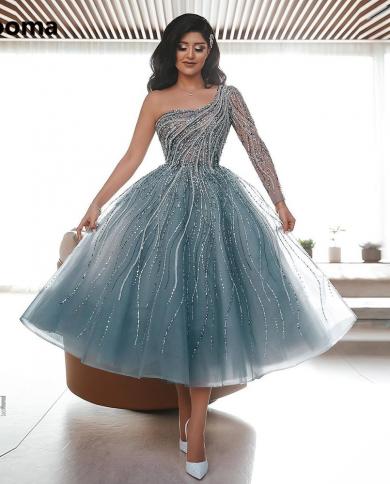 Booma Dusty Blue Major Beading Midi Prom Dresses Glitter One Shoulder Tea Length Tulle Evening Gowns A Line Formal Party