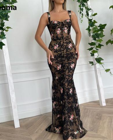 Booma Elegant Black Lace Mermaid Prom Dresses Sweetheart Spaghetti Straps Appliques Trumpet Evening Gowns Formal Party D
