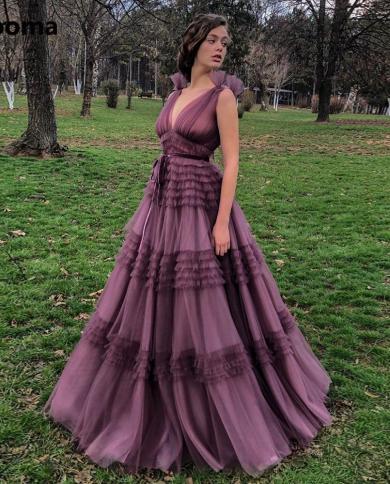 Booma Deep V Neck Pleated Tulle Prom Dresses 2022 Sleeveless Ruffles Tiered A Line Evening Gowns Open Back Formal Party 
