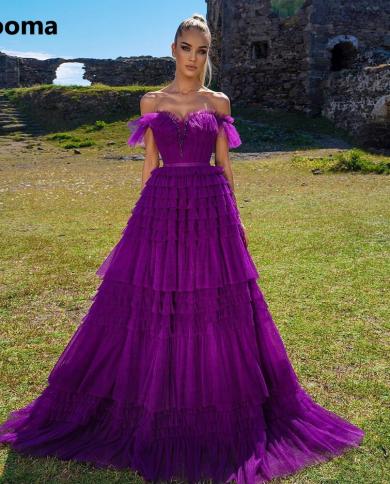 Booma Purple Ruffles Maxi Prom Dresses Off The Shoulder Tiered Tulle A Line Evening Party Dresses 2022 Frill Layered Pro