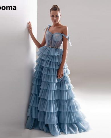 Booma Blue Tiered Tulle Prom Dresses Bow Tie Straps Ruffles Crystal Belt Maxi Prom Party Gowns A Line Formal Evening Dre