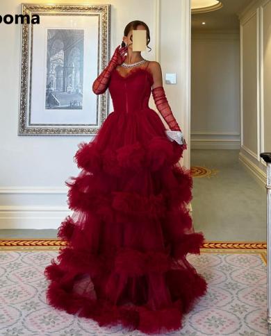 Booma Burgundy Ruffles Tiered Tulle Maxi Prom Dresses Sweetheart Spaghetti Straps Frill Layered A Line Arabic Evening Go