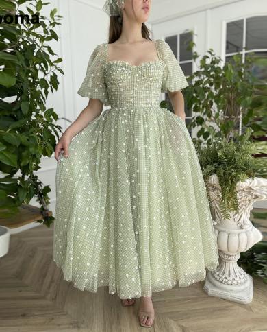 Booma Green Gingham Tulle Midi Prom Dresses Short Puff Sleeves Flowers Tea Length A Line Party Dresses Open Back Holiday