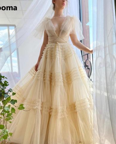 Champagne Deep V Neck Prom Dresses Crumpled Tiered Tulle Long Evening Dresses Sleeveless A Line Party Dresses Adorning C