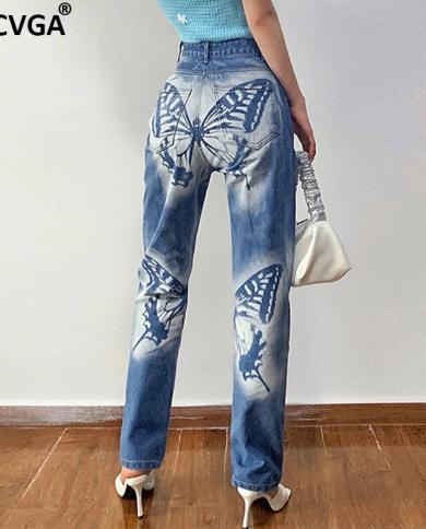 Gacvga High Waist Women Jeans Butterfly Pattern Denim Trousers  Autumn Winter Blue Y2k Straight Pants Streetwear Pantalo