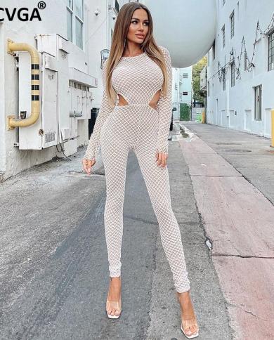 Gacvga Double Layer Women Thin Bodycon Jumpsuits Summer White Long Sleeves Ladies Slim Rompers Hollow Out Party Clubwear