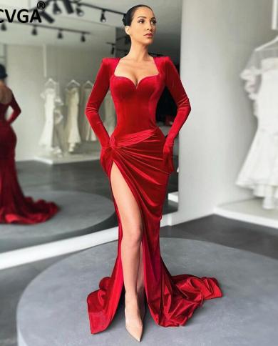 Gacvga Elegant Long Dress Evening Party Gown Outfits Women Gloves Sleeve Red Velvet  Slit Maxi Dresses Bridesmaid Vestid