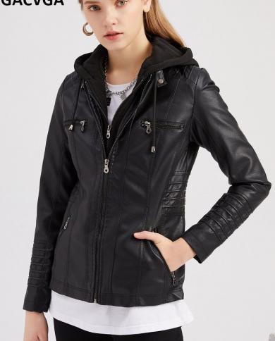 Gacvga Pu Leather Jacket Hooded Detachable Plus Size Motorcycle Women Clothes Spring And Autumn Outwear Ladiescoat