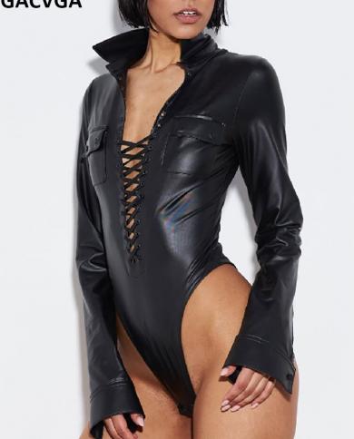 Gacvga  Pu Leather Corset Bodysuit Women Slim Lace Up Tops Romper Autumn Black Shirt Club Party Body Suit Short Jumpsuit