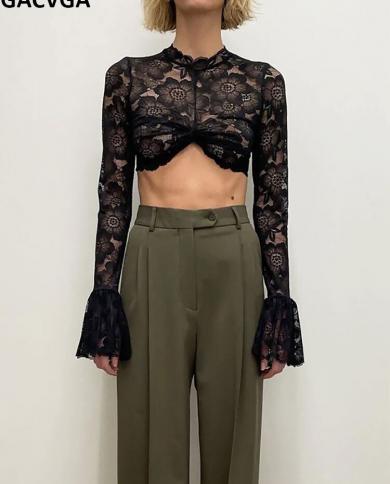 Gacvga Elegant Lace Crochet Petal Sheer Flare Sleeve T Shirt Women Hollow Out O Neck Slim Crop Top Streetwear Lady Tees 