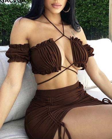 Gacvga 2022 Summer  Bodycon Dress Sets Halter Casual Bandage Crop Tops And Ruched Skirts Two Piece Set