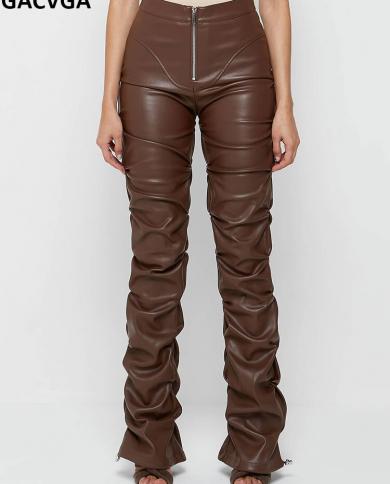 Gacvga Autumn Winter Fashion Streetwear Casual Trousers Zipper Pleated Ruffle Stacked Skinny Pants Women Pu Leather Pant
