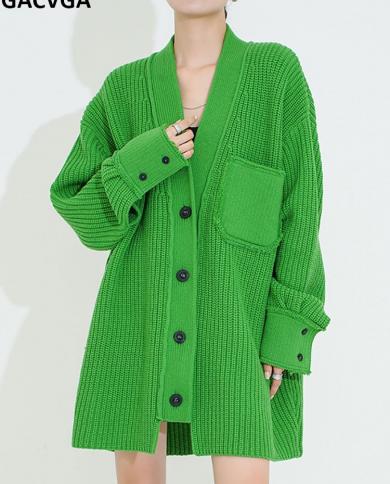 Gacvga 2022 Autumn Winter Womens Sweaters Green Black Full Sleeve Oversized Y2k Casual Knitted Loose Long Cardigan Swea