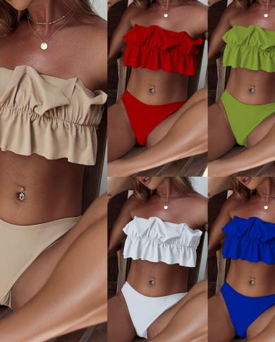 6 ألوان بيكيني العصابة النساء ملابس السباحة مطوي كشكش ليوبارد البيكينيات مجموعة المايوه بيكيني للشاطئ الإناث صديد