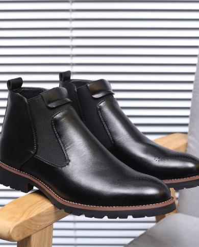 New Mens Leather Boots Fashion Pull On Chelsea Boots Mens Shoes British Style High Top Work Boots Zapatos De Hombre La