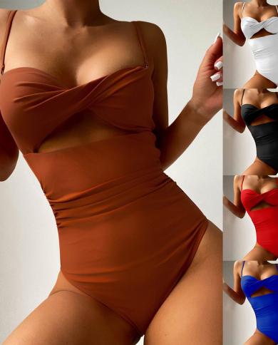 2023 New One Piece Swimsuit Solid Color Swimwear Set  Hollow Swimsuits Push Up Female Swimwear High Waist Beachwear L5
