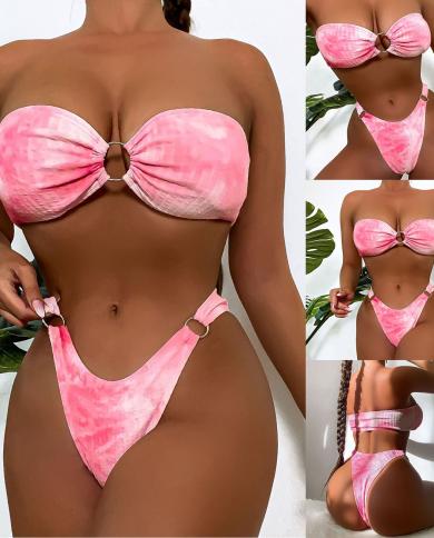  Strapless Pink Dyed High Waist Bikini Womens Summer Bikini Suit Female Two Pieces Bikini Set Bather Bathing Suit L5