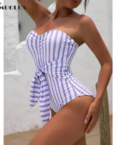 Striped Swimsuit Women Purple One Piece Swimwear 2023 New  Strapless Push Up Bathing Suits Swimming Suit Summer Beachwea