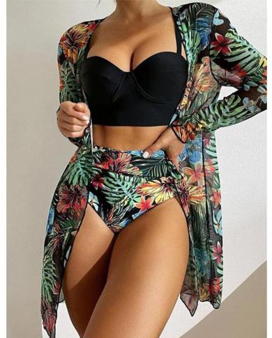 2022 New Women Bikini Set Tunics For Beach Cover Up Swimsuit 3 Piece Biquini Bathing Suit Summer Female Beachwear Swim S