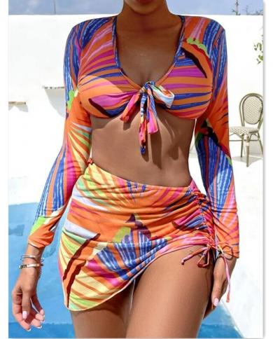 Muolux Low Waist Woman Bikini Set Cover Up Swimsuit For Women Long Sleeve Three Pieces Swimwear 2023 Beach Wear Bathing 