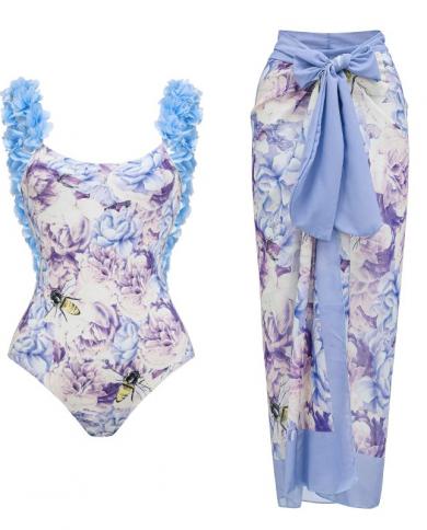 2023 Floral Swimwear One Piece Swimsuit Women Cover Up Backless Bathing Suit Swimming Suit Summer Dress Beachwear Monoki
