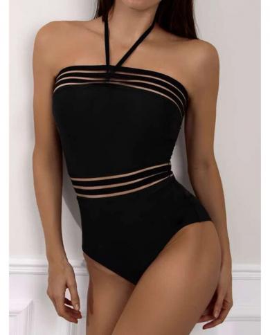 Muolux  Black Swimwear Women Halter One Piece Swimsuit 2023 New Monokini Mesh Bodysuits Summer Beachwear Biquini Bathing