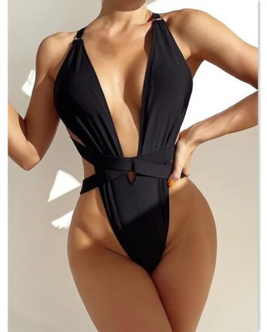 2023 New  Black One Piece Swimsuit Women Deep V Neck Thong Cross Woman Swimwear Female High Cut Bodysuit Monokinis Beach