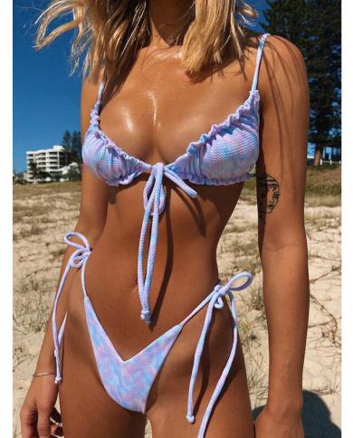 Tie Dye Bikini Set 2023 High Cut Thong Swimsuits Two Piece Ribbed Swimming Suit Micro String  Push Up Summer Bathing Sui