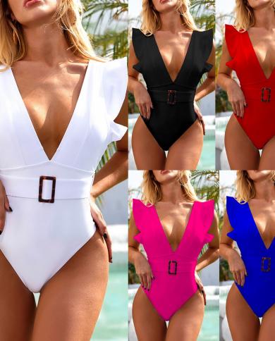  Vneck One Piece Swimsuits Ruffle Swimwear Women 2022 Green Swimming Suit For Lady Bandage Monokini Beachwear Summer  On