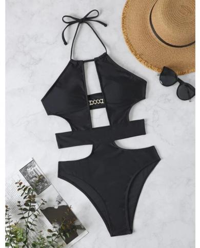  Cut Out One Piece Swimsuit Black Swimwear Women 2023 Bodysuit Monokini Bathing Suit Hollow Out Solid Beachwear Summer