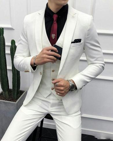 Ivory Men Suits For Wedding Suit Man Blazer Peaked Lapel Slim Fit Groom Tuxedos 3 Piece Latest Coat Pant Designs Terno M