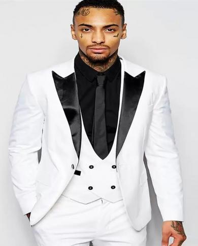 White Fashion Wedding Party Business Casual Slim Fit Suit For Men Peak Lapel 3 Piece （blazer  Vest  Pants）costume 