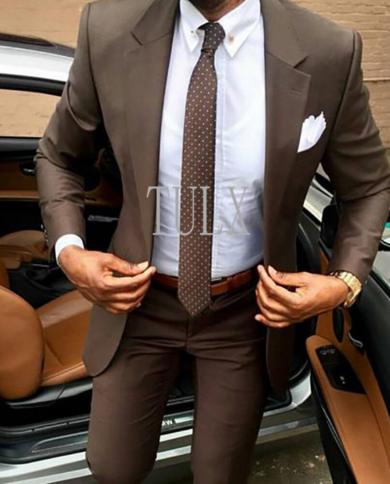 2023 Casual Gentleman Notched Lapel One Button Brown Wedding Groom Men Suits Slim Fit Best Man Blazer Pants Costume Homm