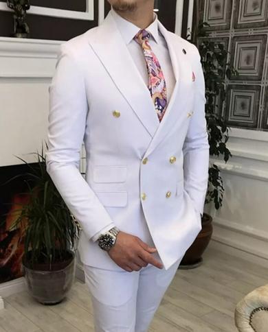 Mens Suit White Double Breasted Wedding Tuxedo Business Suits Slim Fit 2 Piece Jacket With Pants Male Fashion Costume Ho