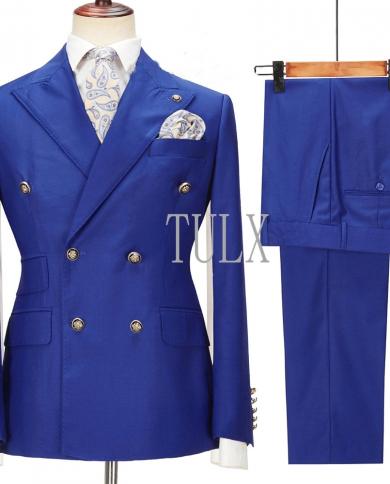 Fashion Design Royal Blue Men Suits Double Breasted Wedding Dress Suit Groom Wear Slim Fit 2 Pieces Blazer Pants Costume