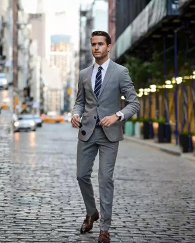 Gray Plaid Slim Suit  Business Casual Suit For Men Groom Wear  Peak Lapel 2 Piece （blazer Pants）costume Homme