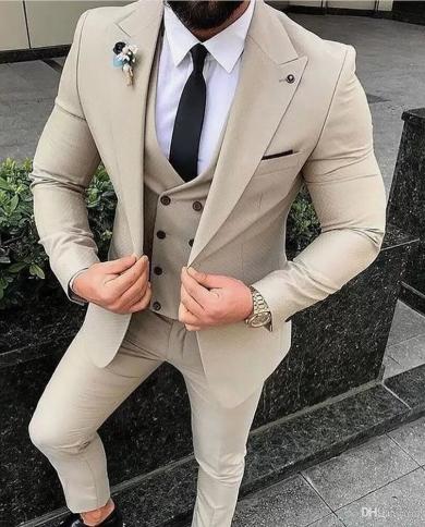 Beige Mens Suits Groom Tuxedos Slim Fit Business Casual Peak Lapel 3 Piece Suit  Set（blazer  Vest  Pants）costume H