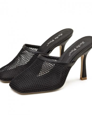Nuevas zapatillas de tacón alto fino de malla transpirable hueca para mujer, sandalias Vintage de verano con punta cuadrada, zap