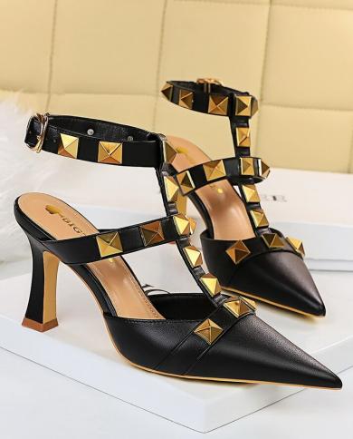 New Style Middleheeled Female Summer  Of Fashion Black Highheeled Pointed Leather Hollow Fine Heel Baotou Pumps  Pumps
