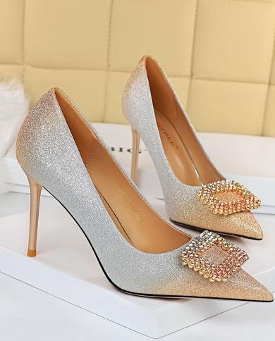 Women Pumps Sequin Gradient High Heels 10cm  Stilettos Ladies Pointed Toe Shoes Square Buckle Crystal Wedding Party Shoe