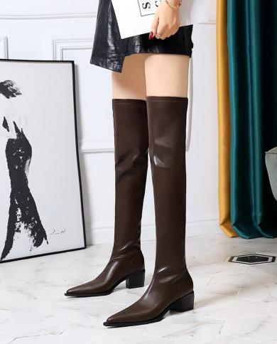2022 luxe femmes Beige bloc talons hauts cuissardes hiver concepteur dame bout carré genou bottes longues bottes Par