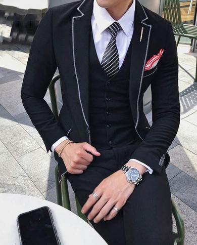 Black Men Suits For Prom Groom Tuxedo 3piececoatpantsvestgrey Terno Masculino Blue Costume Homme Groomsmen Outfits T