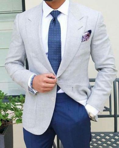 Light Grey Jacket Blue Pant Men Suits Groom Blazers Men Dress Terno Masculino Formal Wedding Clothes 2 Pieces jacketpa
