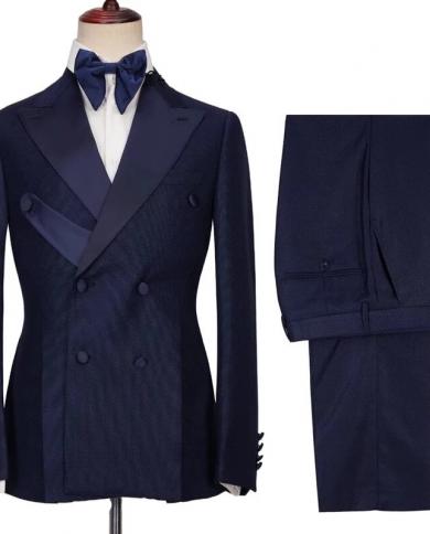 Fashion Navy Blue Men Suits With Special Design Terno Masculino Groom Wedding Prom Blazer Costume Homme 2 Pieces Jacket 