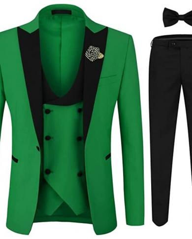 Green Men Suits 3 Piece Black Peaked Lapel Custom Groom Wedding Sets Business Formal Jacket Vest Trousers Dress Tuxedo B